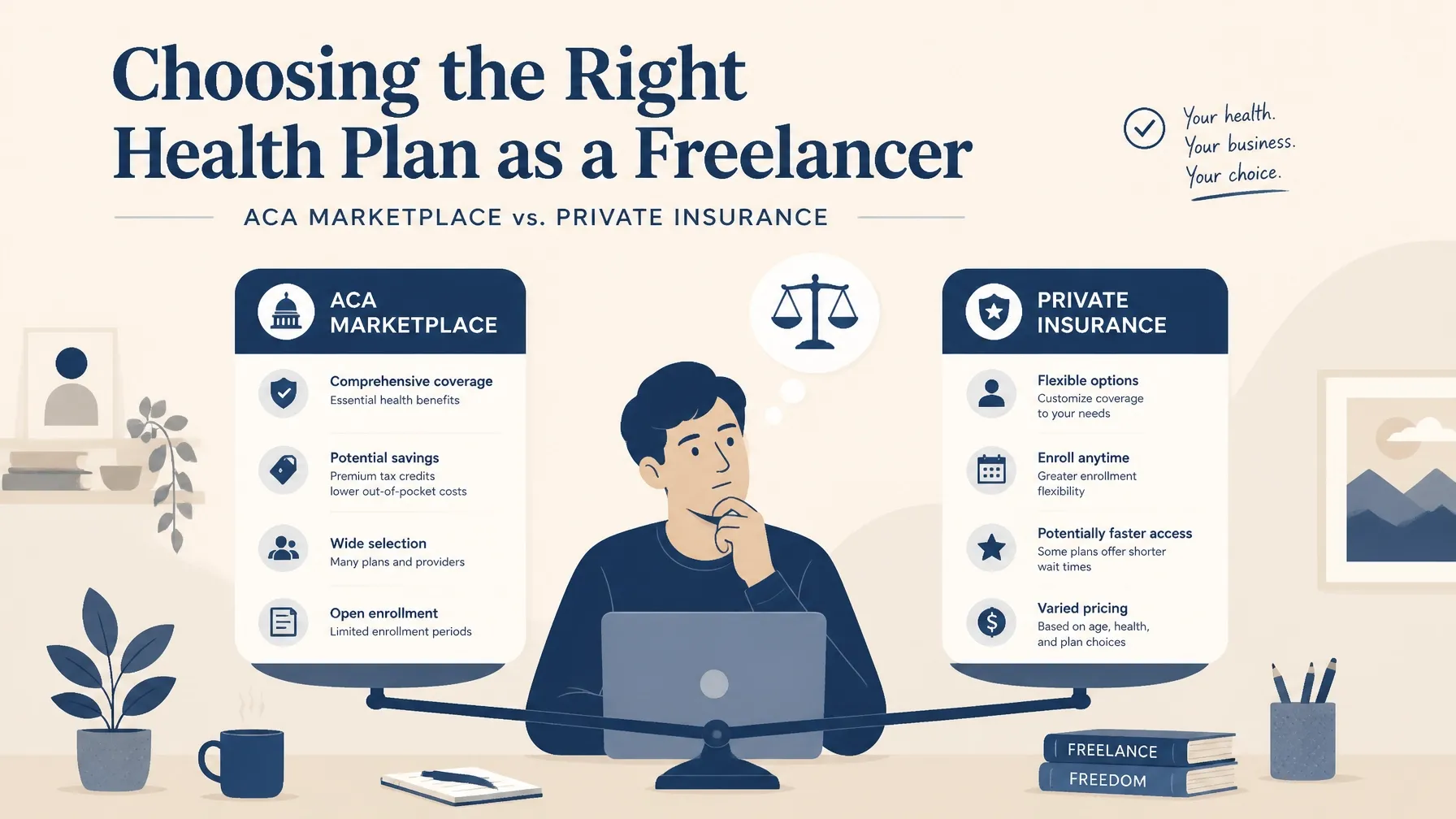 Illustration of a freelancer at a laptop comparing ACA Marketplace and private health insurance options