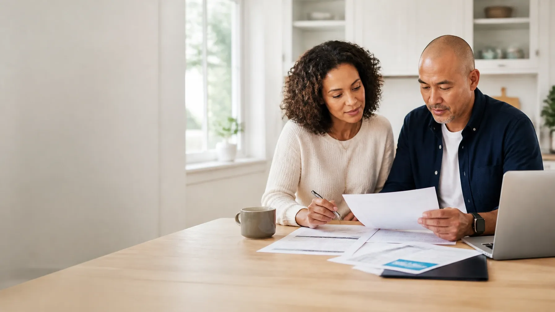 A couple comparing health plan information at a kitchen table