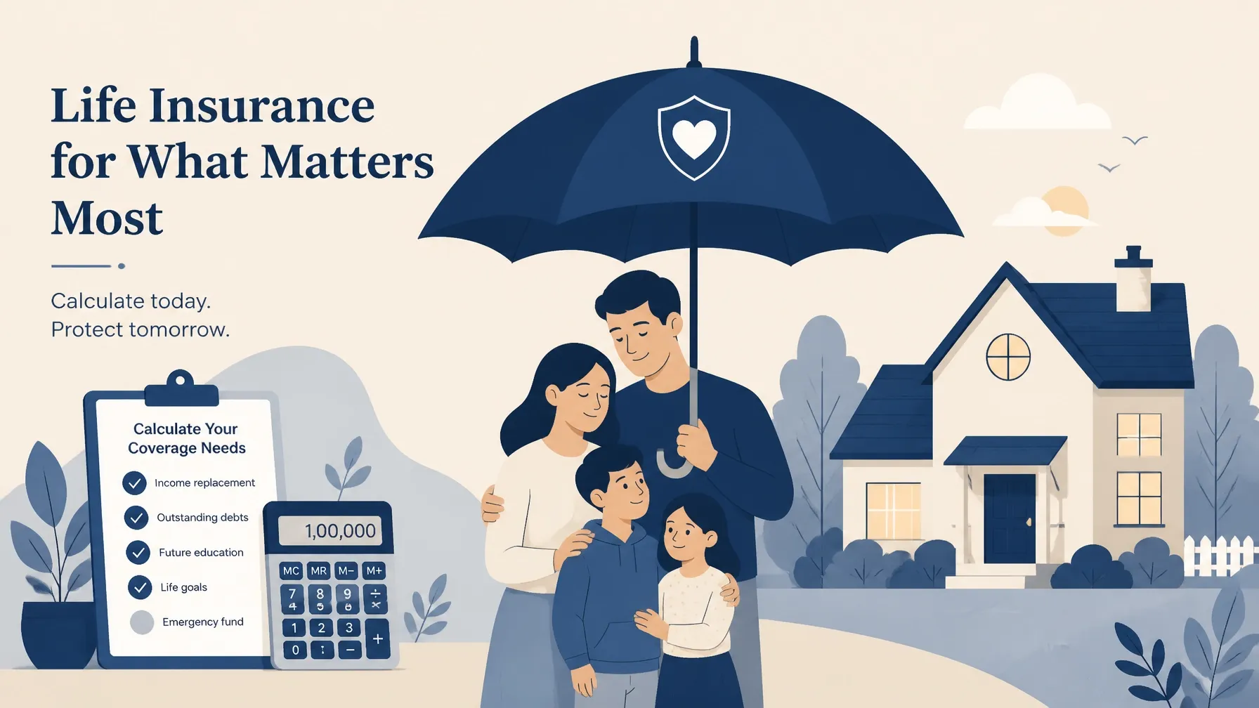 Illustration of a family protected under an umbrella beside their home